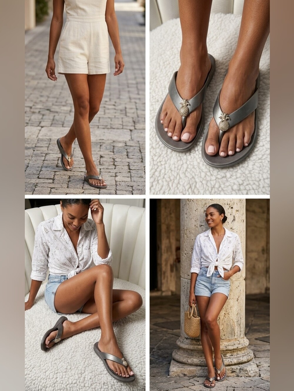 Okaa B Women's Metallic Gray Pineapple Thong Sandals - Size M/7.5